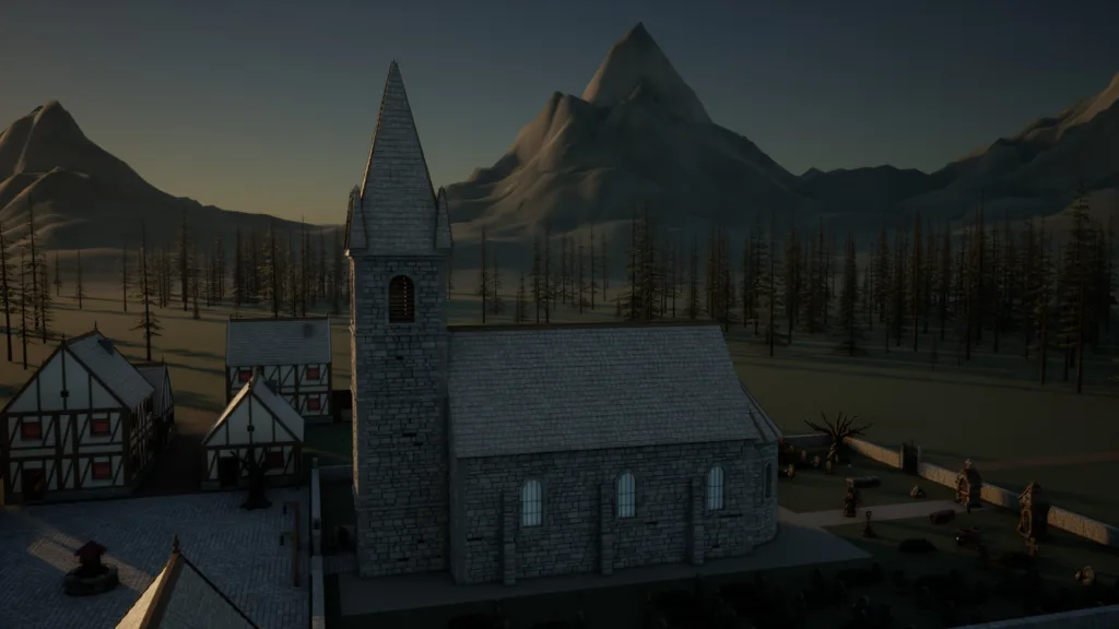 Gothic graveyard gate of a Carpathian village at dusk, rendered in Unreal Engine 5.8