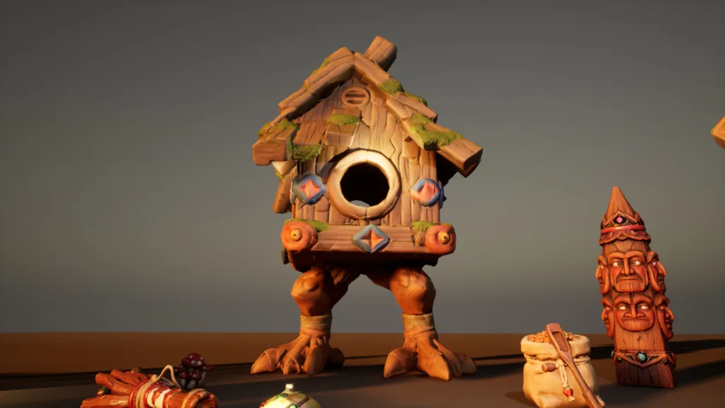 Baba Yaga's hut standing on its chicken legs in the witch's yard, rendered in Unreal Engine 5.8