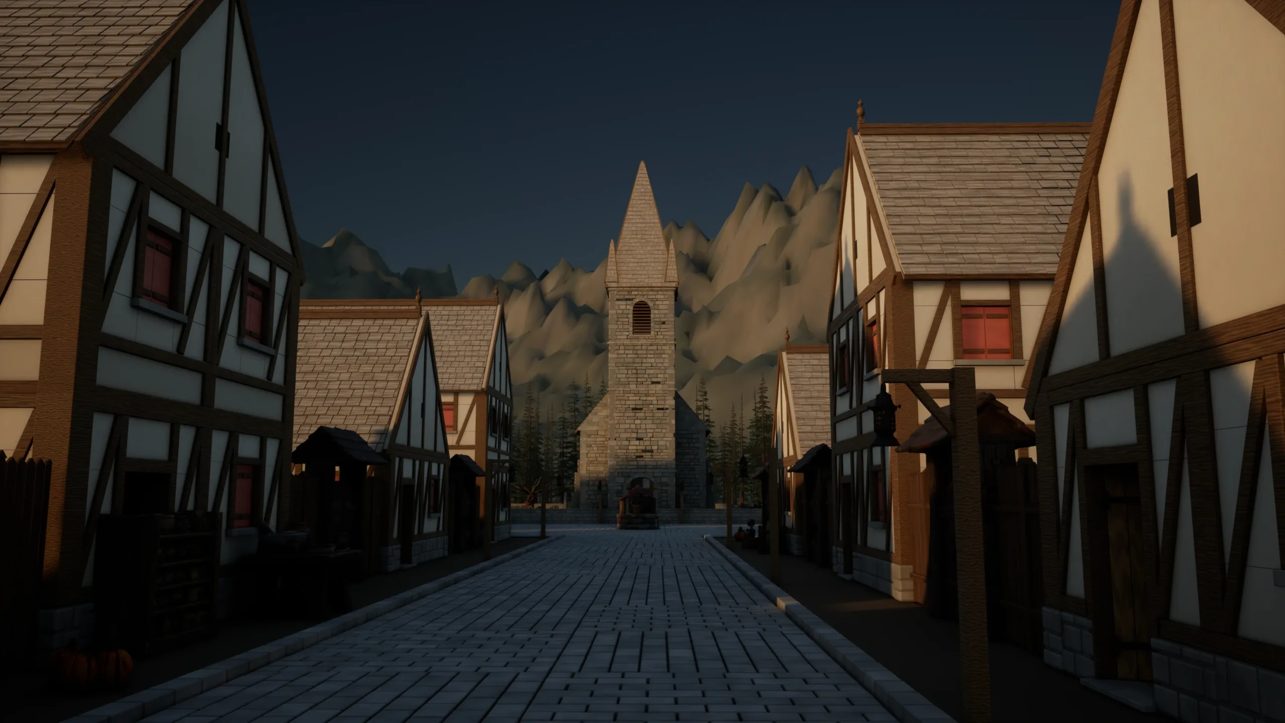 The paved street of the Carpathian village, running to the stone chapel at its end