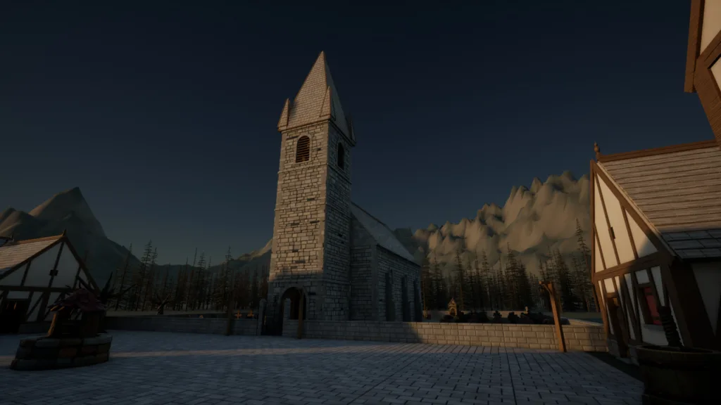 The chapel on the square, with the last of the light on its bell tower.