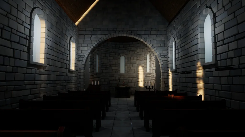Inside the chapel: pews along the nave, the altar at its end, and candlelight through the narrow windows.