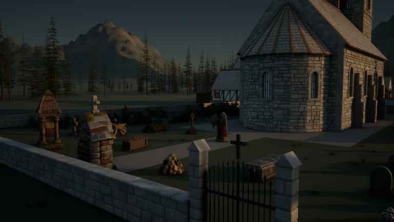The walled graveyard, its crypts and graves beside the chapel.