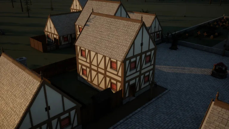 An assembled timber house and its enclosed yard beside the village square.