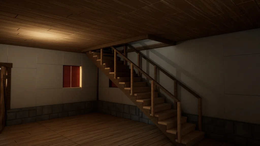 Inside a house: floorboards and a full staircase