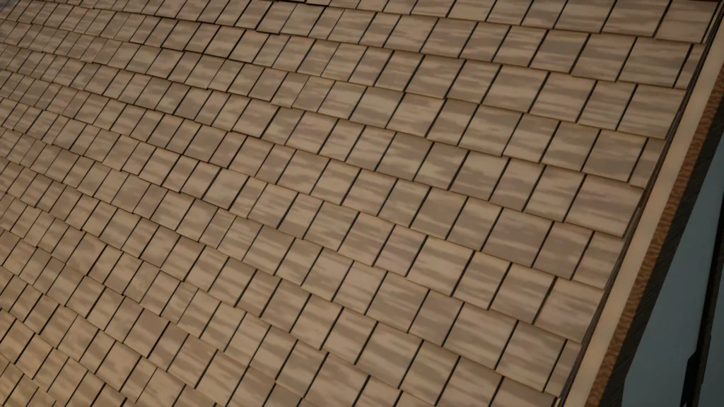 Wood shingle roofing, close up.