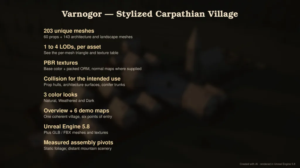 Technical overview of the kit: counts, sizes and engine targets.