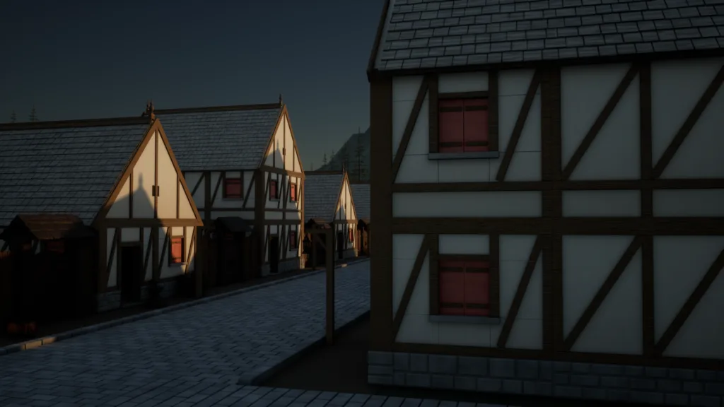 Lit gables along the street at dusk.