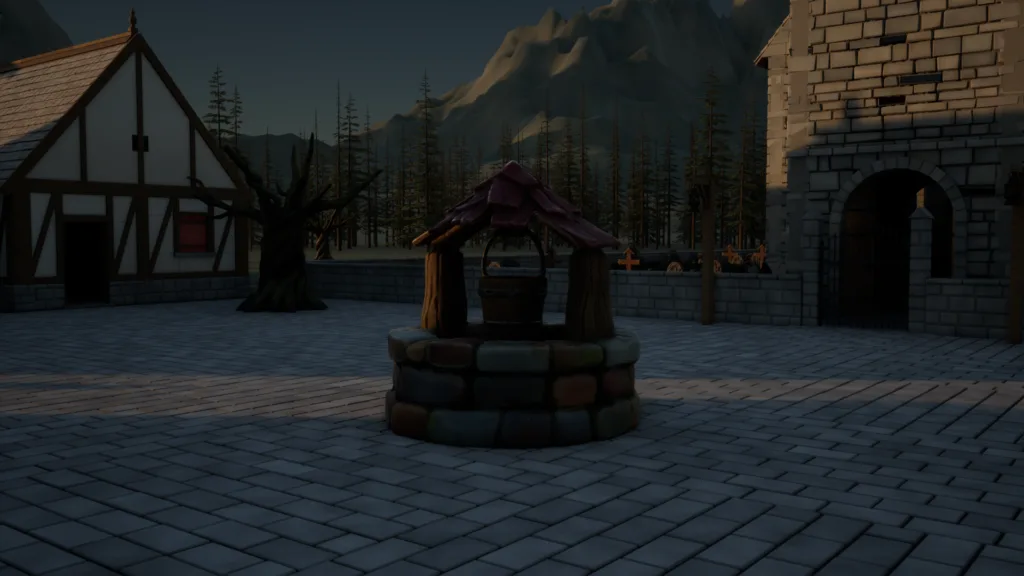 The well on the paved square, between the houses and the chapel wall.